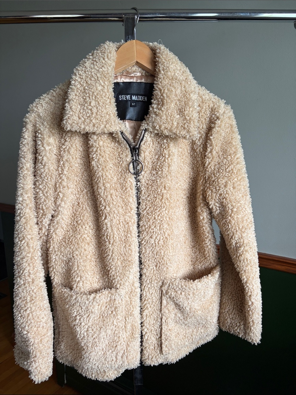 Steve Madden Beige Cream Teddy Zip-Up Jacket